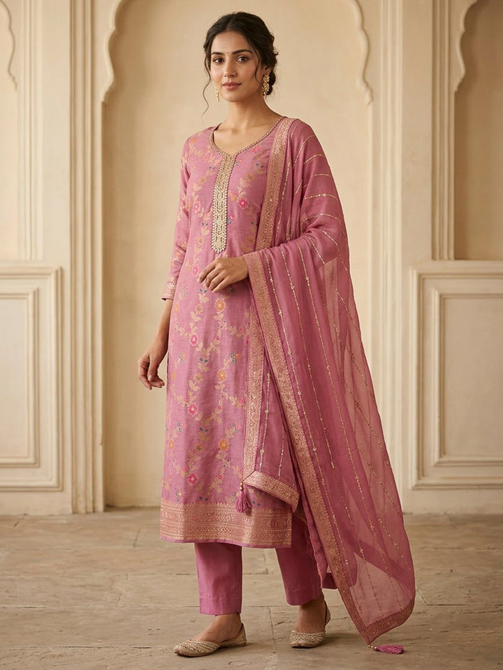 Onion Pink Chanderi Embroidered Unstitched Dress Material