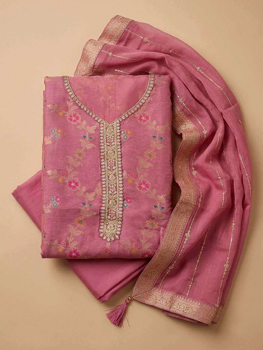 Onion Pink Chanderi Embroidered Unstitched Dress Material