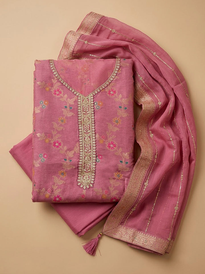 Onion Pink Chanderi Embroidered Unstitched Dress Material