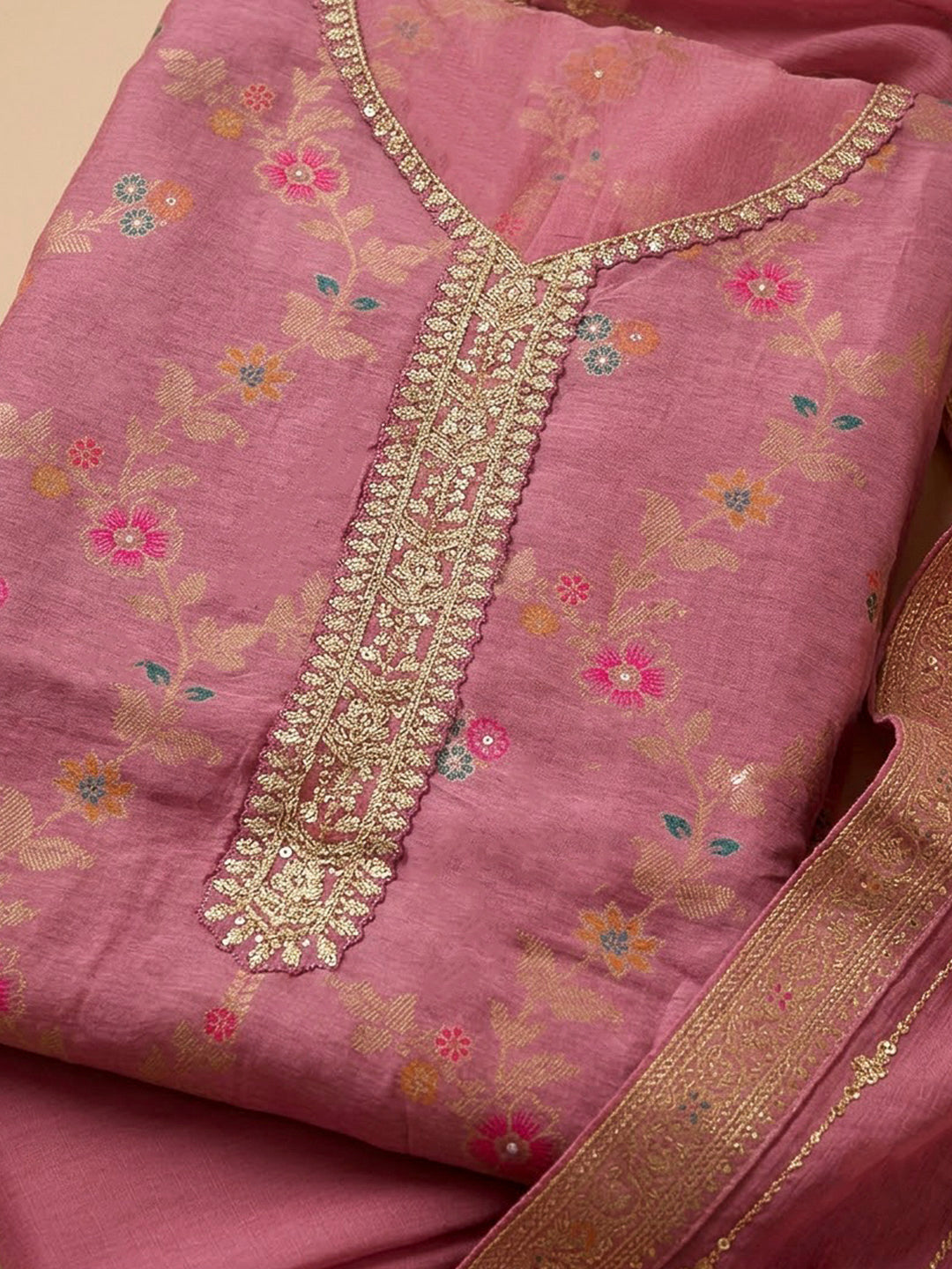 Onion Pink Chanderi Embroidered Unstitched Dress Material