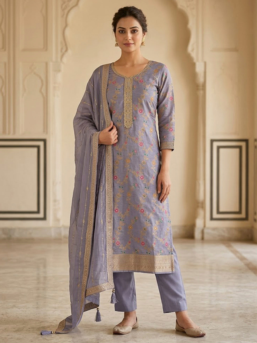 Purple Chanderi Embroidered Unstitched Dress Material
