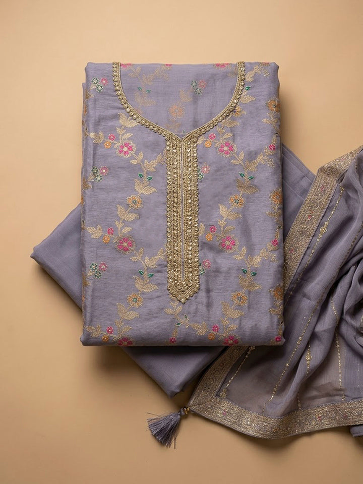 Purple Chanderi Embroidered Unstitched Dress Material