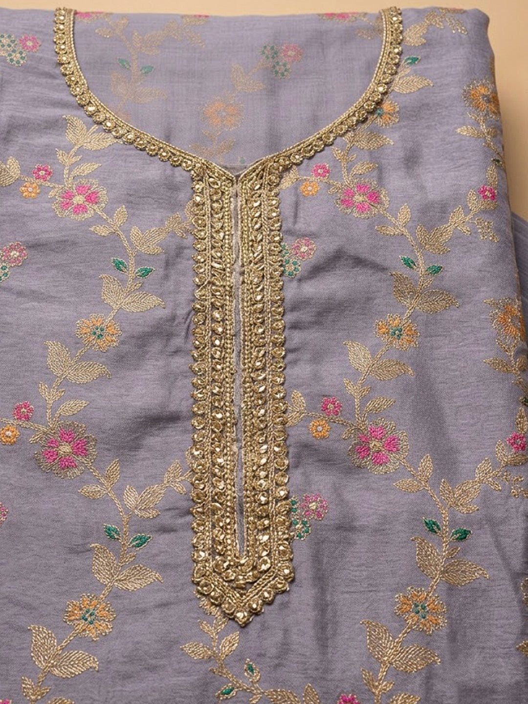 Purple Chanderi Embroidered Unstitched Dress Material