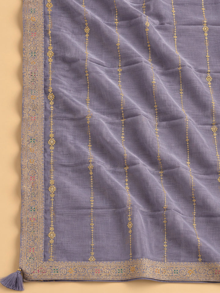 Purple Chanderi Embroidered Unstitched Dress Material