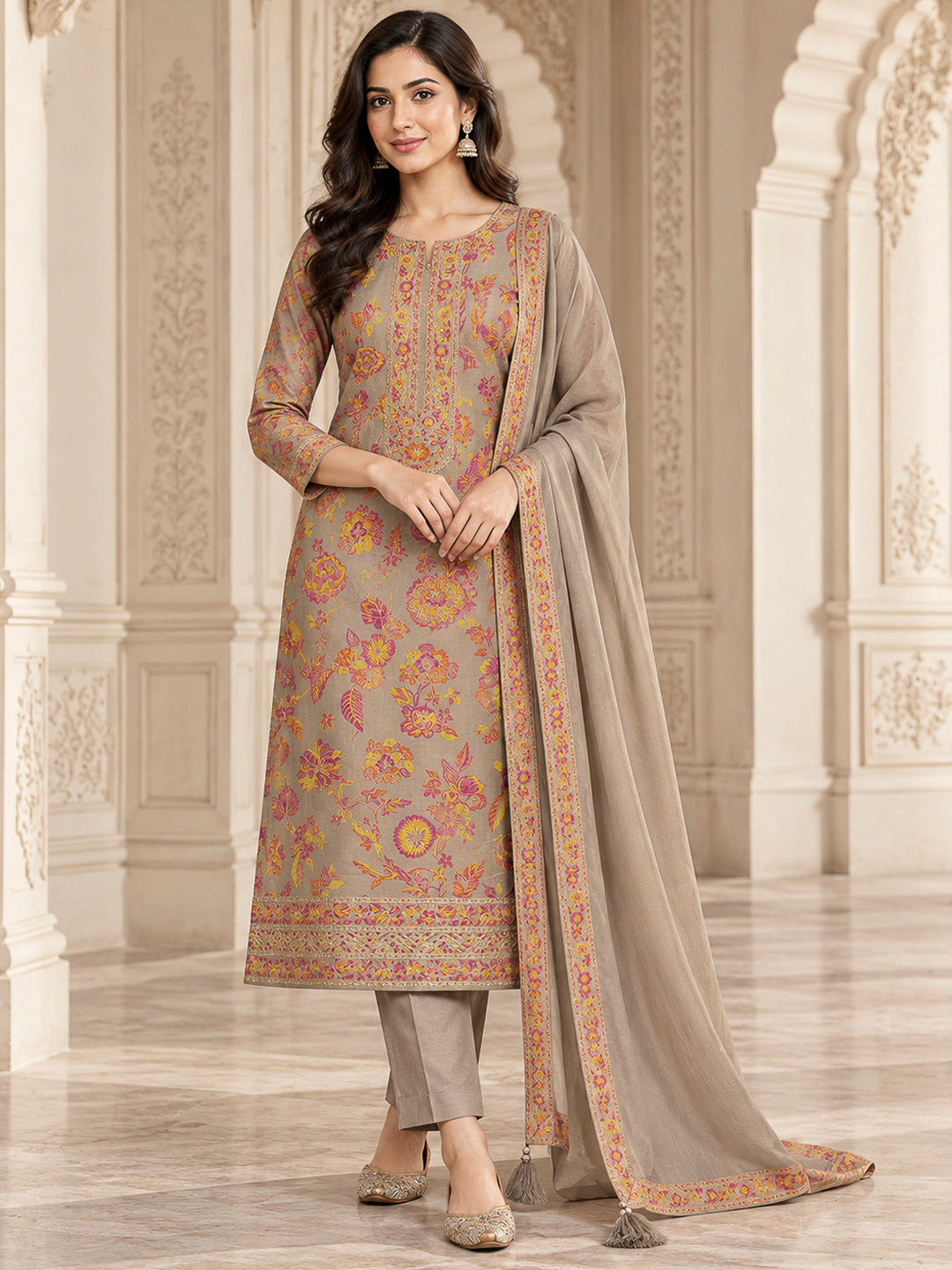 Chikoo Chanderi Printed Unstitched Dress Material