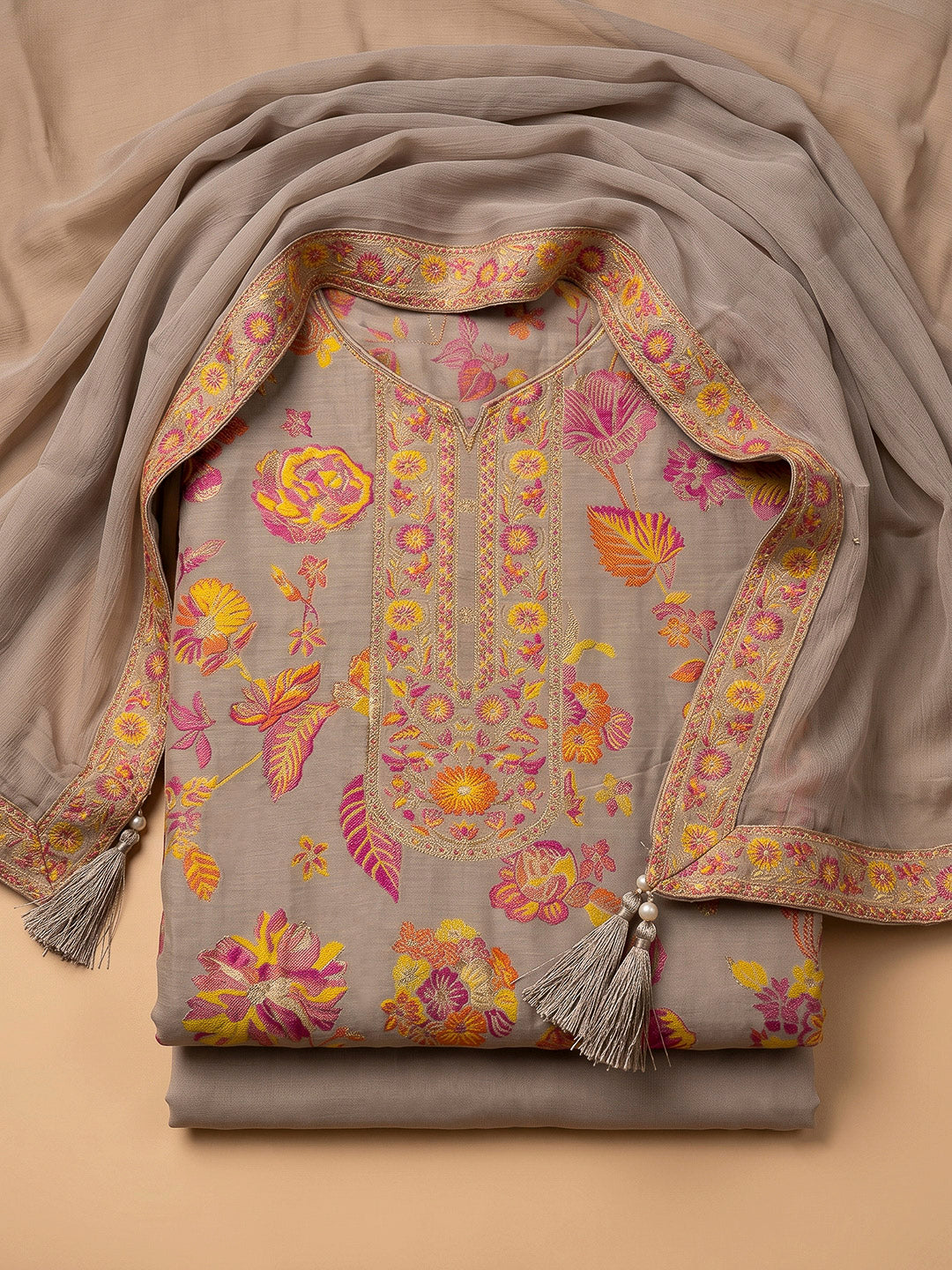 Chikoo Chanderi Printed Unstitched Dress Material