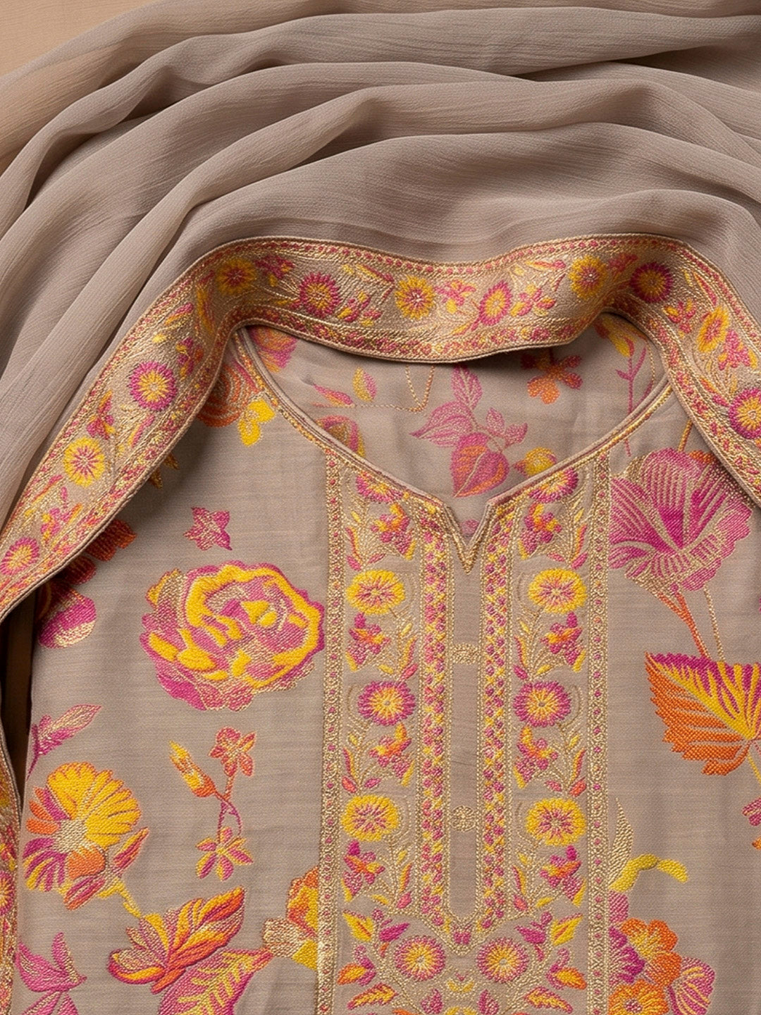 Chikoo Chanderi Printed Unstitched Dress Material