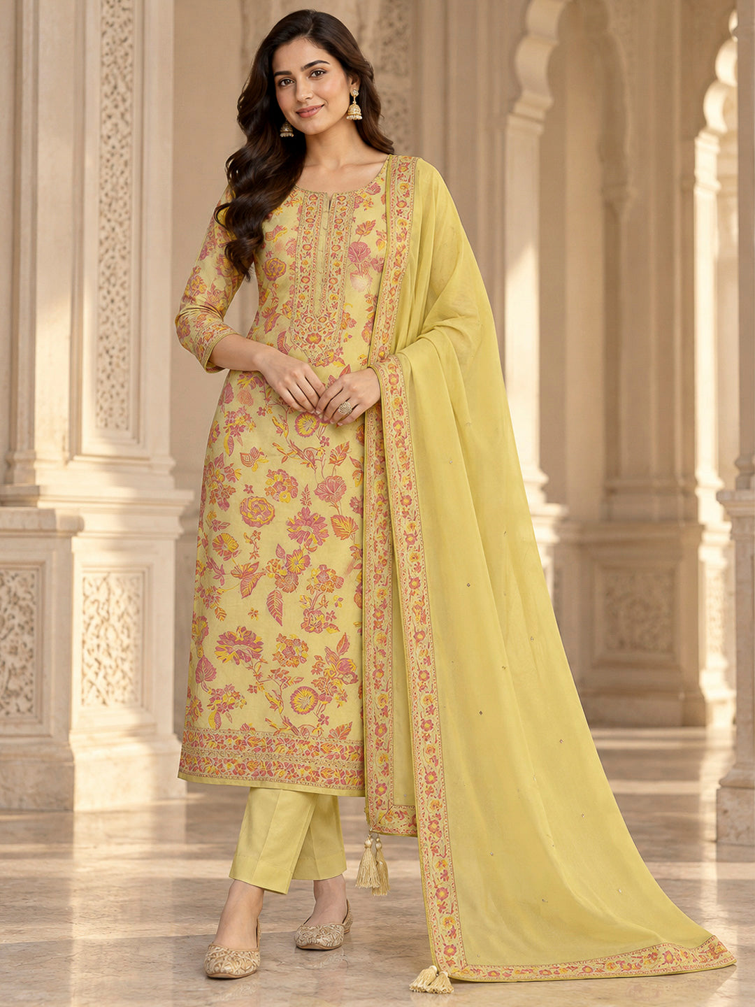 Mustard Chanderi Printed Unstitched Dress Material