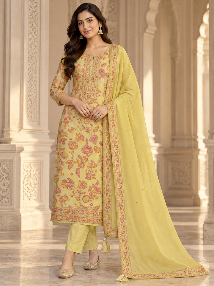 Mustard Chanderi Printed Unstitched Dress Material