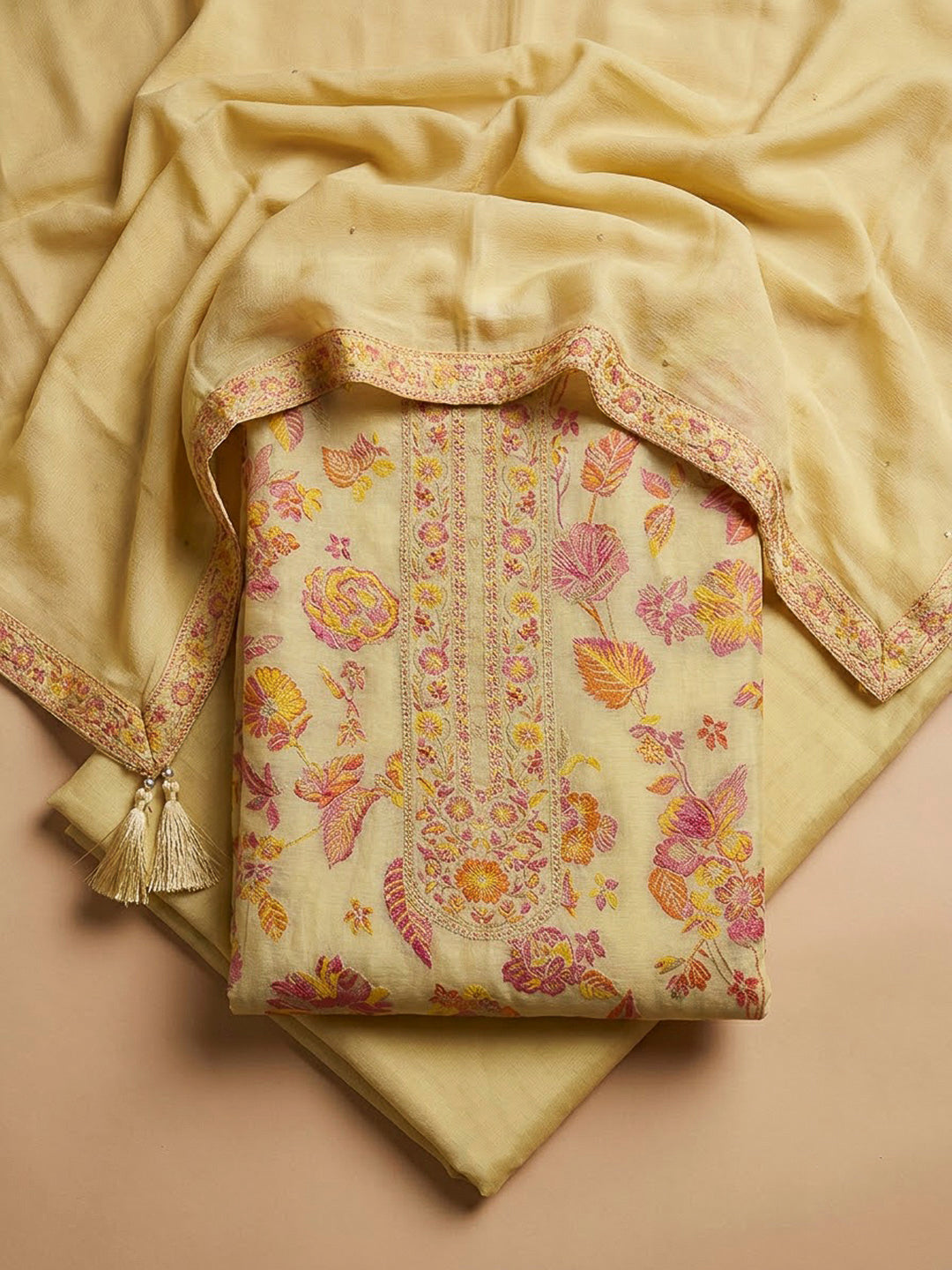 Mustard Chanderi Printed Unstitched Dress Material