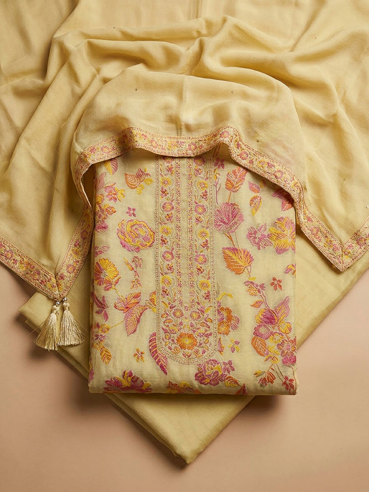 Mustard Chanderi Printed Unstitched Dress Material