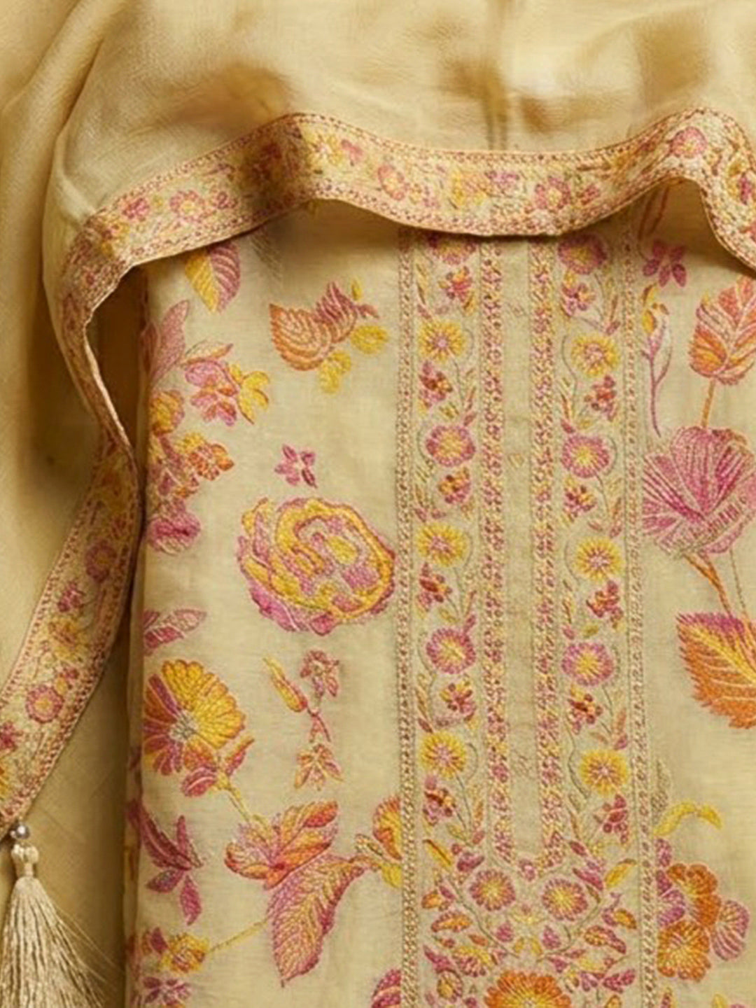 Mustard Chanderi Printed Unstitched Dress Material