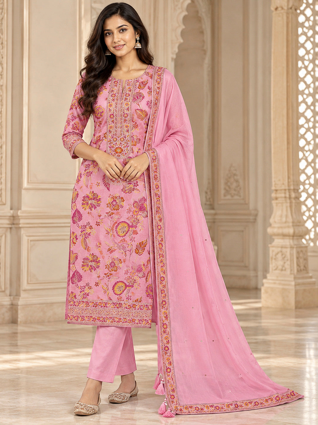 Pink Chanderi Printed Unstitched Dress Material