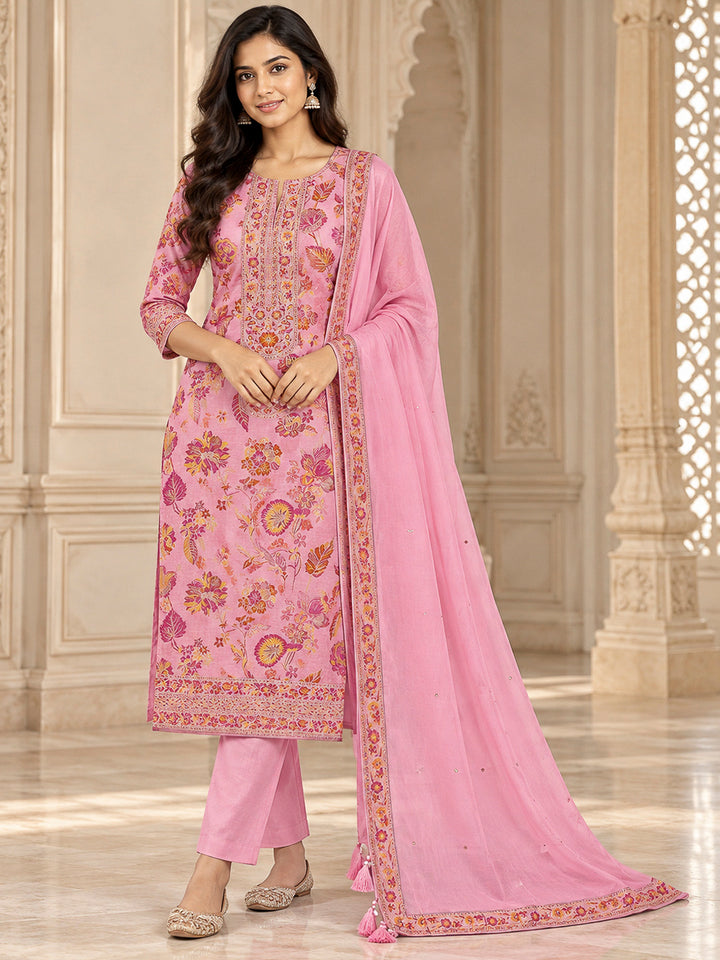 Pink Chanderi Printed Unstitched Dress Material