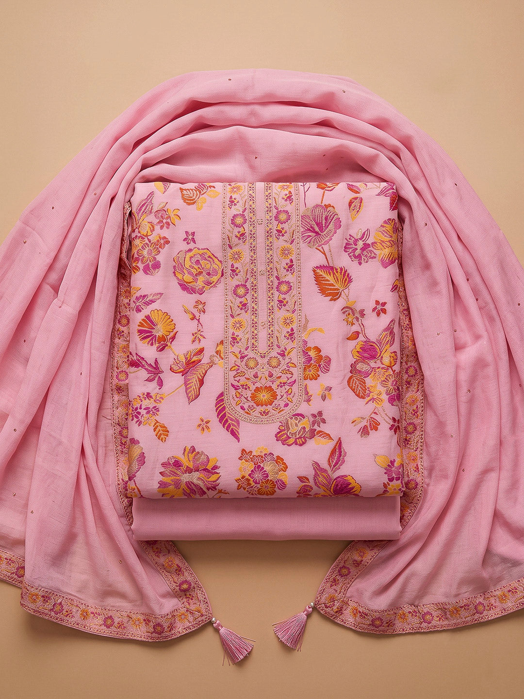 Pink Chanderi Printed Unstitched Dress Material