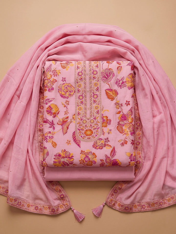 Pink Chanderi Printed Unstitched Dress Material