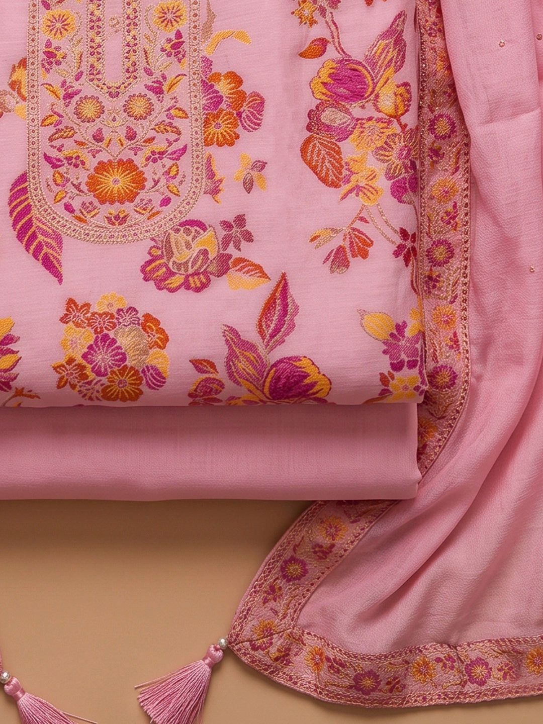 Pink Chanderi Printed Unstitched Dress Material