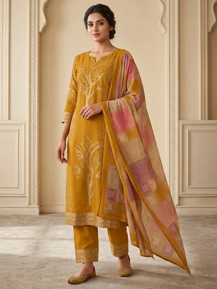 Mustard Chanderi Printed Unstitched Dress Material
