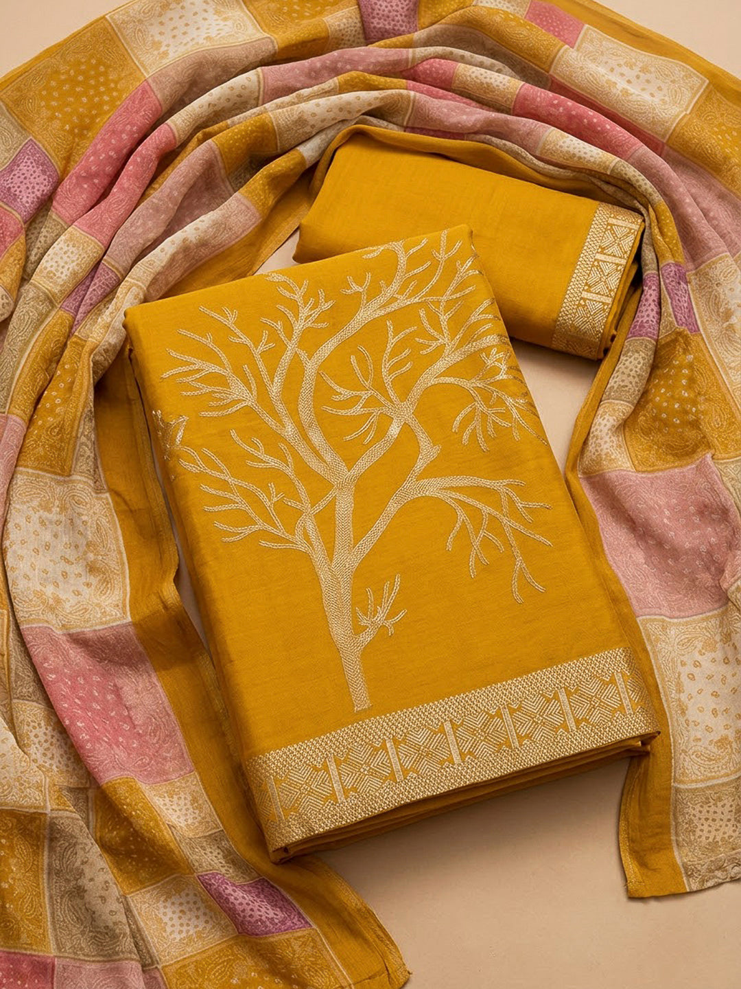 Mustard Chanderi Printed Unstitched Dress Material