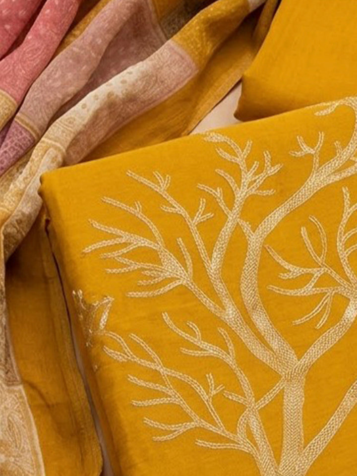 Mustard Chanderi Printed Unstitched Dress Material