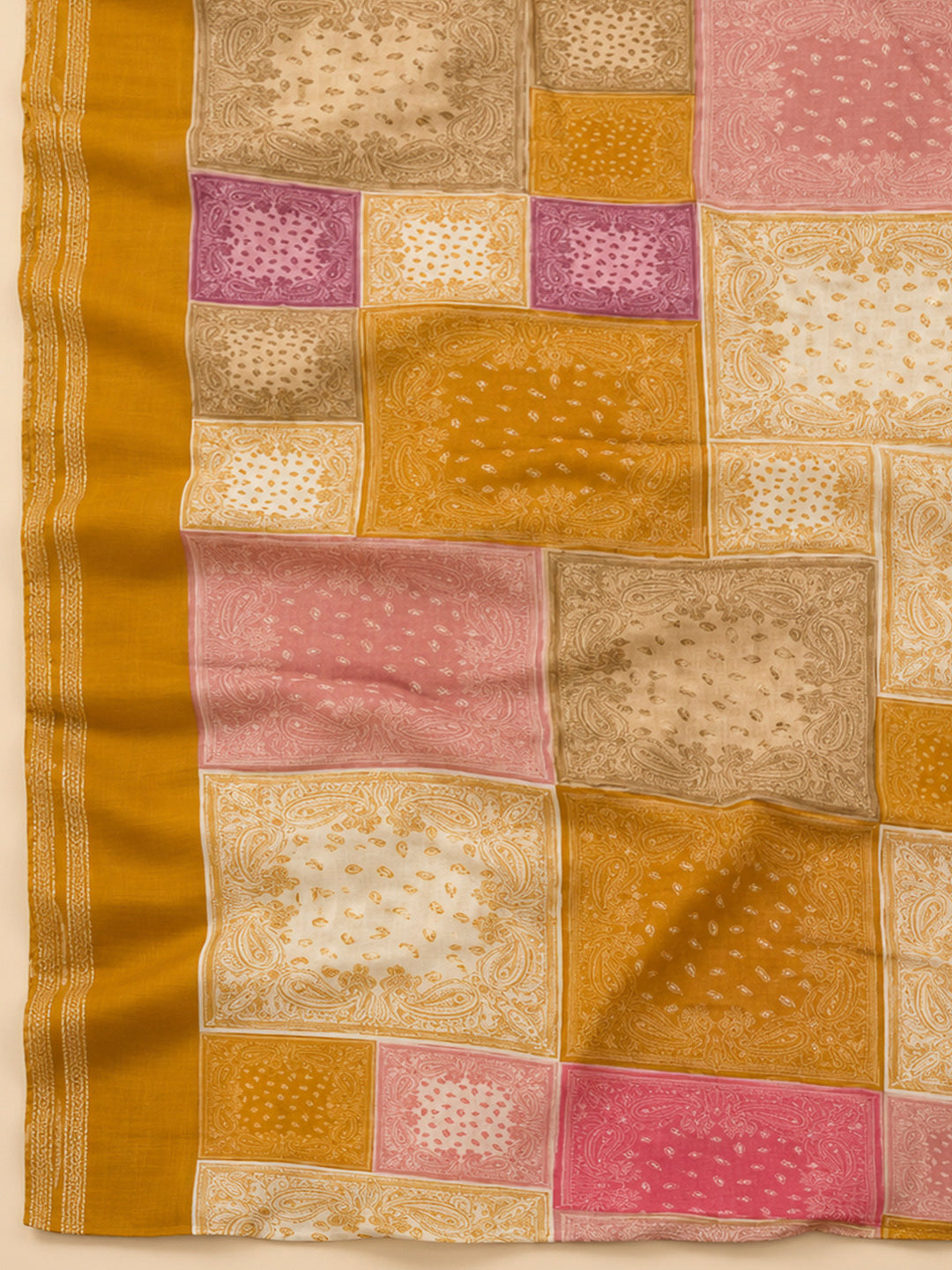 Mustard Chanderi Printed Unstitched Dress Material