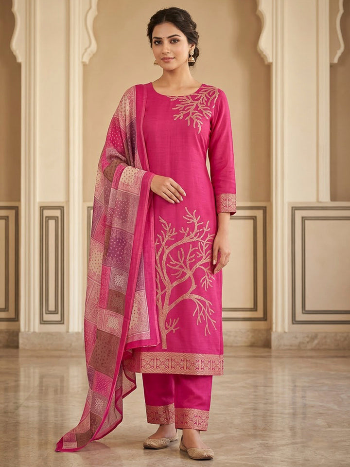 Pink Chanderi Printed Unstitched Dress Material