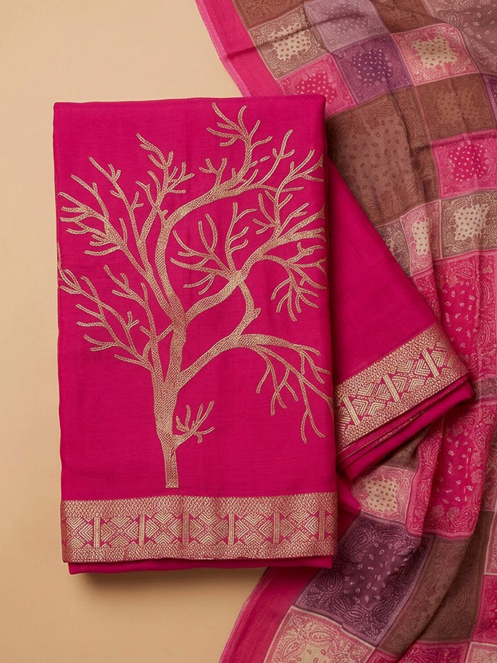 Pink Chanderi Printed Unstitched Dress Material