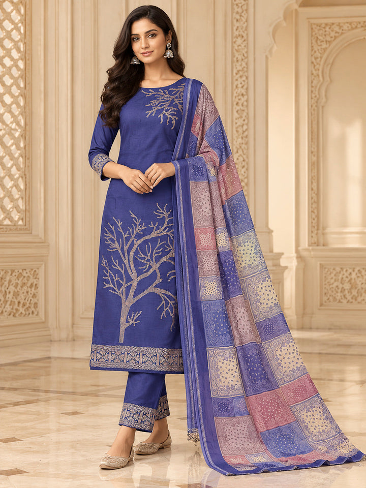 Purple Chanderi Printed Unstitched Dress Material