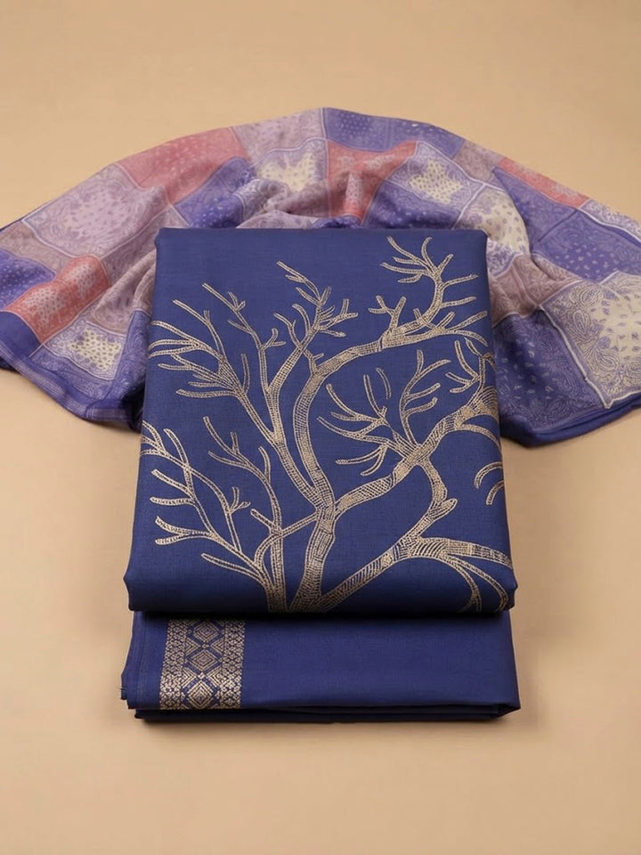 Purple Chanderi Printed Unstitched Dress Material
