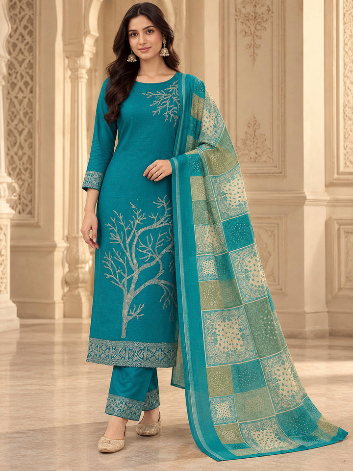 Rama Green Chanderi Printed Unstitched Dress Material