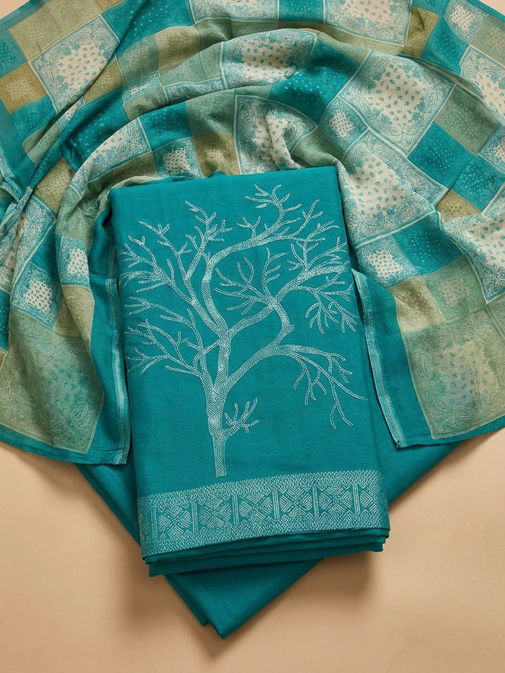 Rama Green Chanderi Printed Unstitched Dress Material