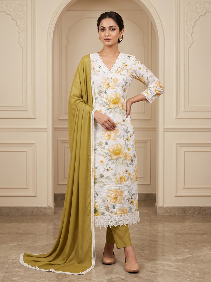 Mehndi Cotton Blend Printed Unstitched Dress Material