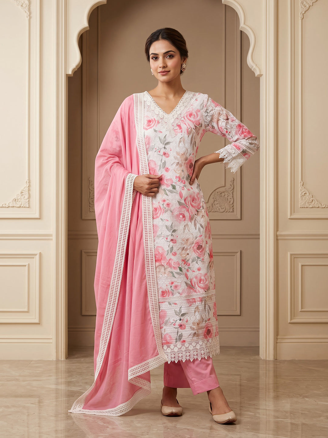 Onion-Pink Cotton Blend Printed Unstitched Dress Material