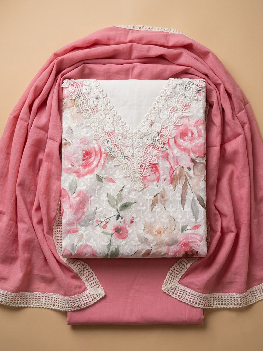 Onion-Pink Cotton Blend Printed Unstitched Dress Material