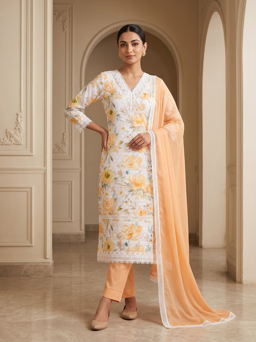 Orange Cotton Blend Printed Unstitched Dress Material