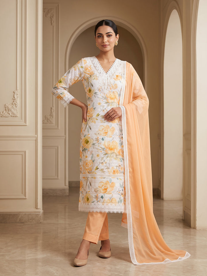 Orange Cotton Blend Printed Unstitched Dress Material