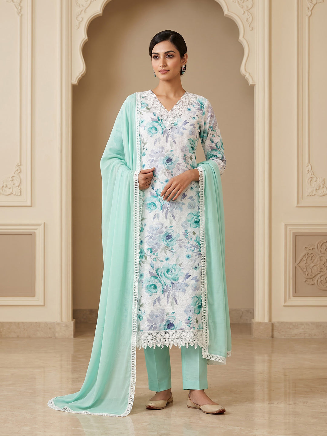 Sea-Green Cotton Blend Printed Unstitched Dress Material