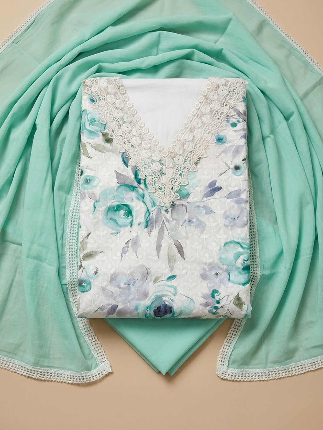 Sea-Green Cotton Blend Printed Unstitched Dress Material
