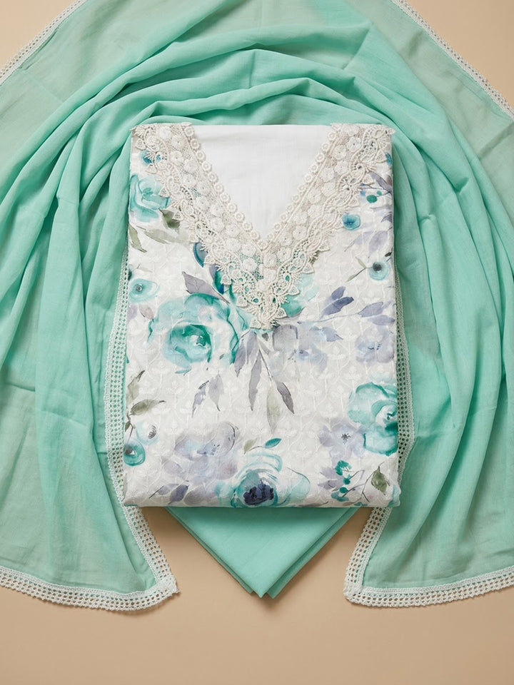 Sea-Green Cotton Blend Printed Unstitched Dress Material