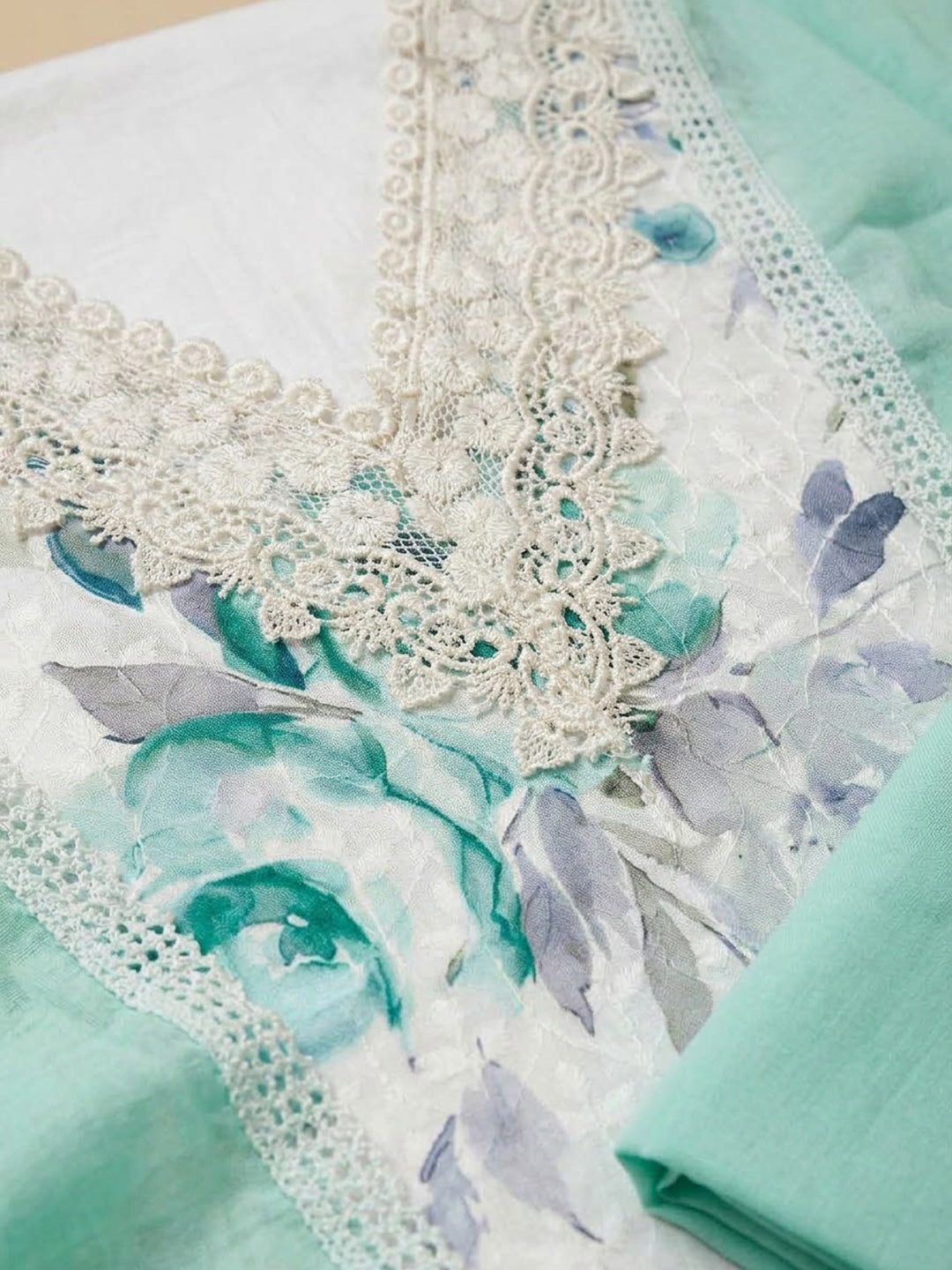 Sea-Green Cotton Blend Printed Unstitched Dress Material