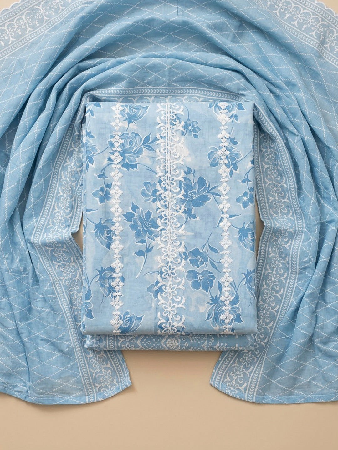 Blue Cotton Blend Printed Unstitched Dress Material