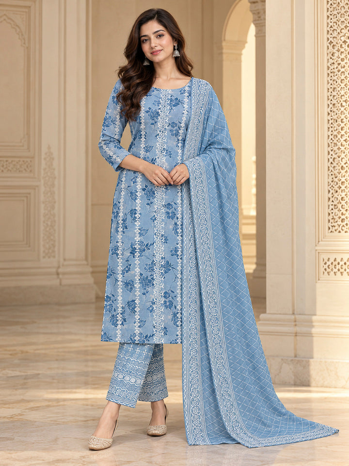 Blue Cotton Blend Printed Unstitched Dress Material