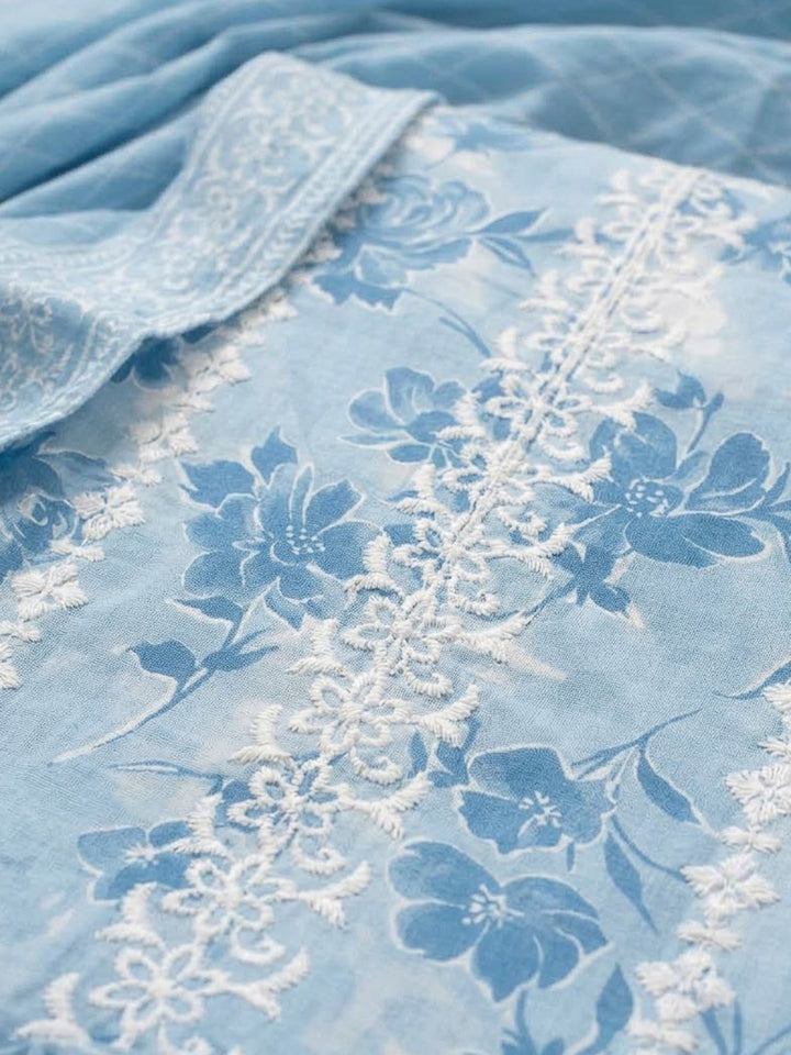 Blue Cotton Blend Printed Unstitched Dress Material