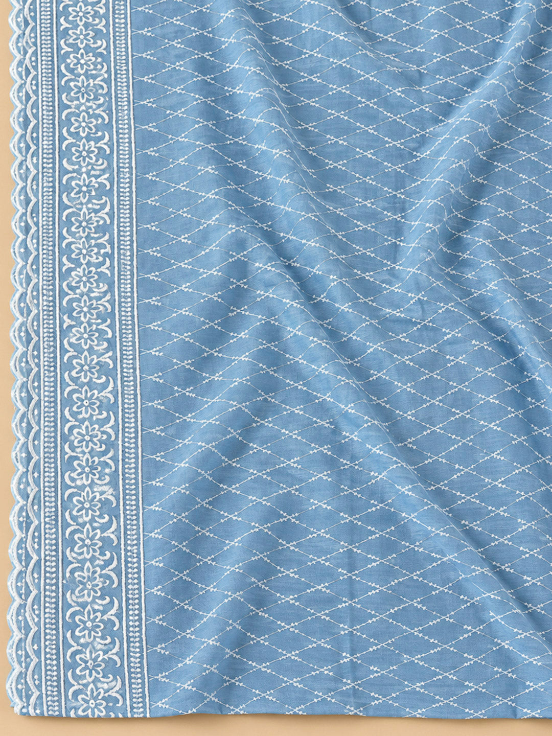 Blue Cotton Blend Printed Unstitched Dress Material