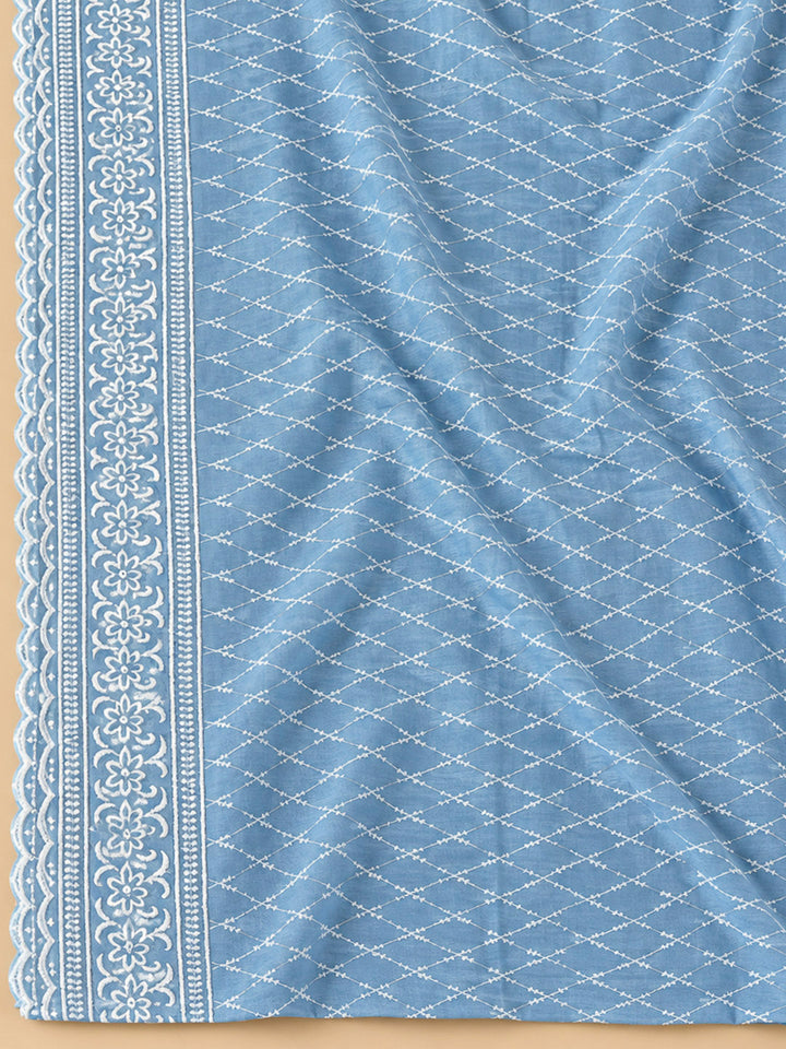 Blue Cotton Blend Printed Unstitched Dress Material