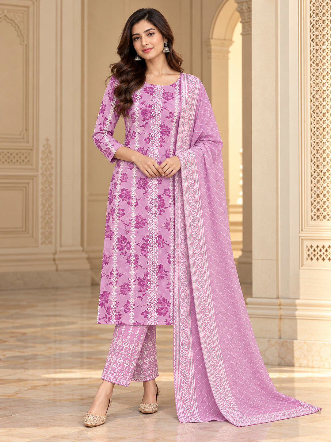 Lavender Cotton Blend Printed Unstitched Dress Material