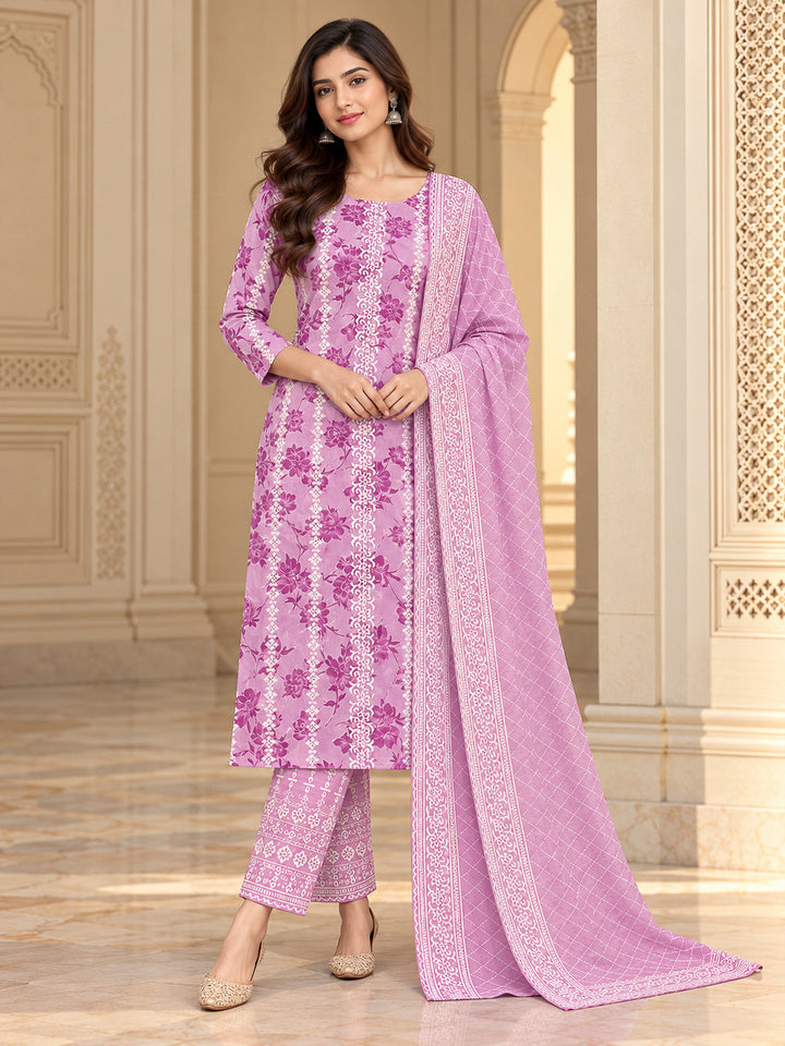 Lavender Cotton Blend Printed Unstitched Dress Material