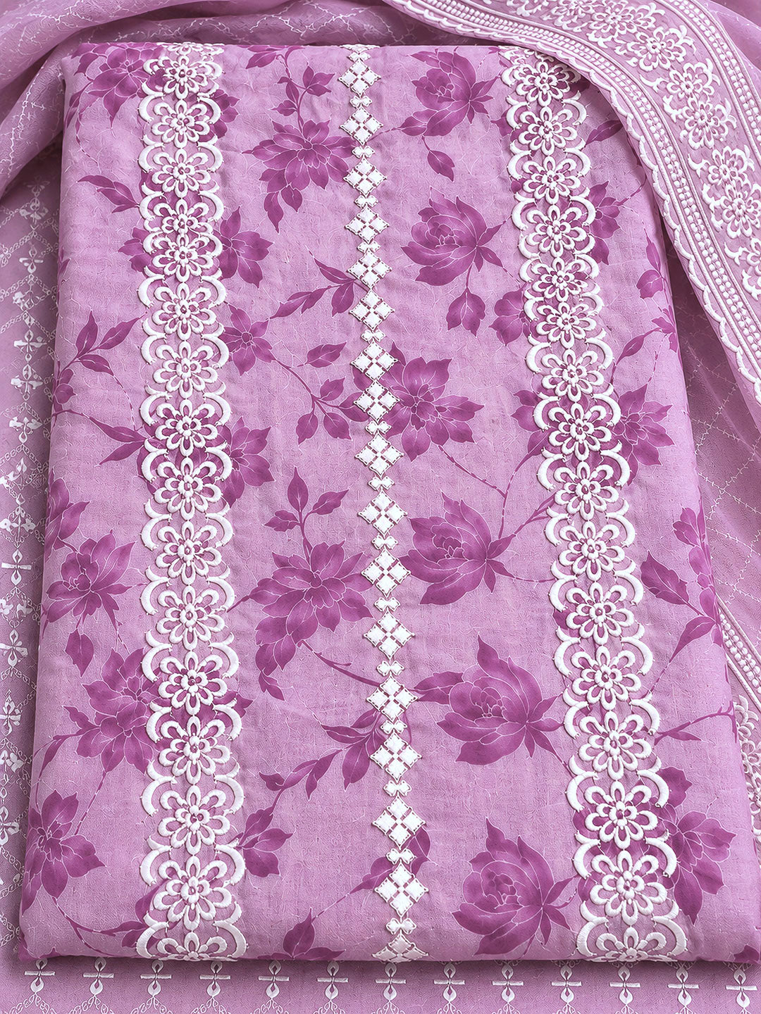 Lavender Cotton Blend Printed Unstitched Dress Material