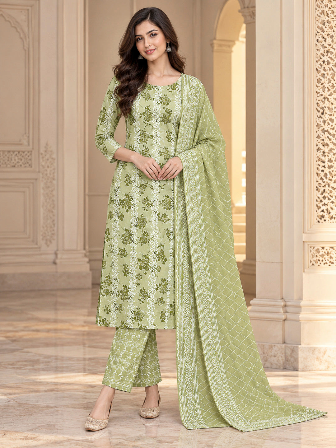 Mehndi Cotton Blend Printed Unstitched Dress Material