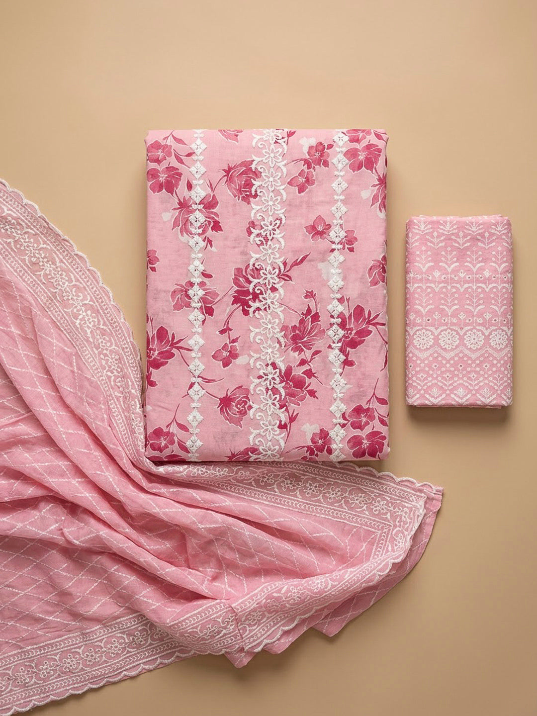 Peach Cotton Blend Printed Unstitched Dress Material